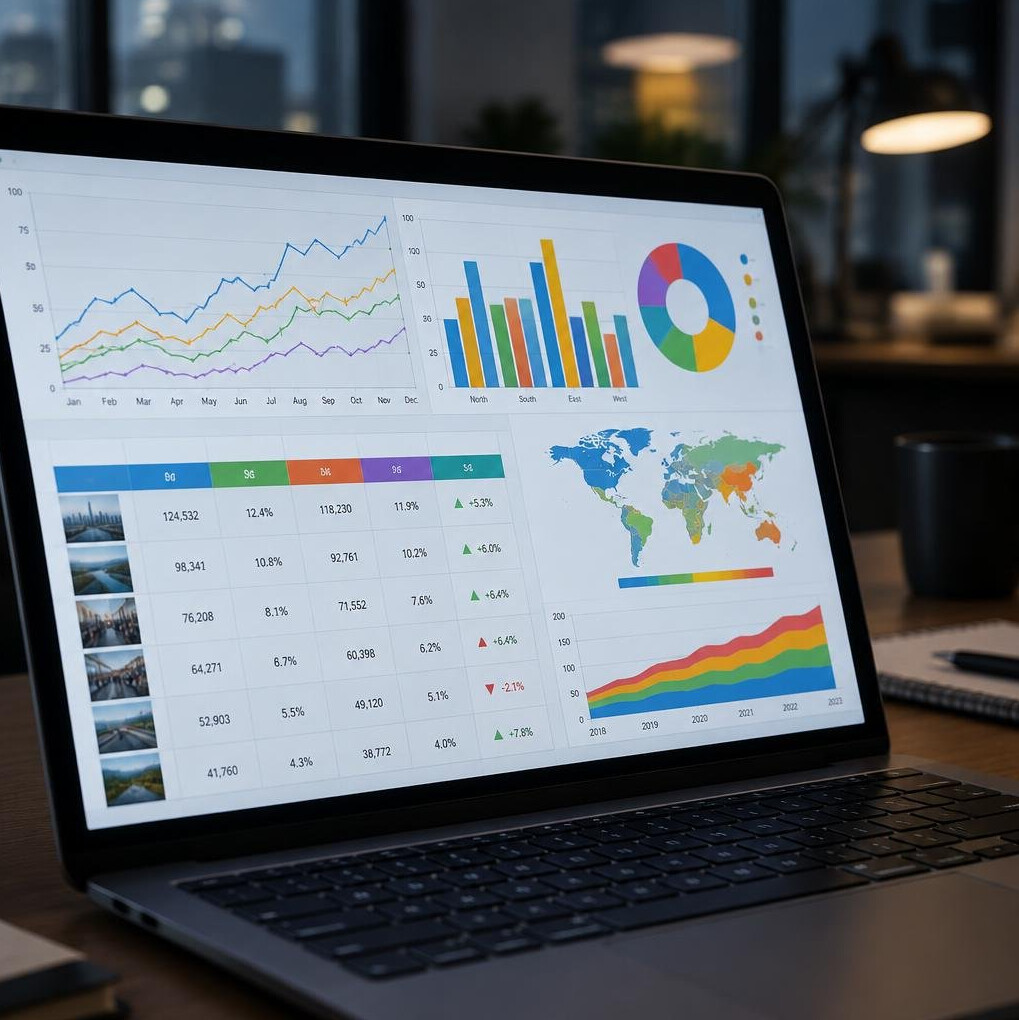 Laptop screen displaying data charts and spreadsheets